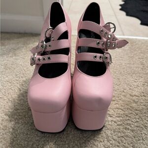 Dolls Kill Pink Triple Strap Platform Shoes